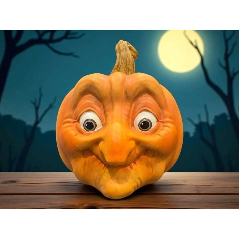 New Orange Old Lady Granny Witch Pumpkin Head Halloween Decor Figurine Statue